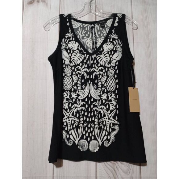 Halogen Shirt‎ Ladies Medium Black White Sleeveless Tropical - Picture 1 of 9